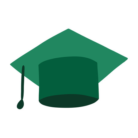 Hand drawn illustration with colorful graduation hat. Isolated vector as sign of ending school, college, university. Traditional education symbol in flat style. Element of clothing of the student.のイラスト素材