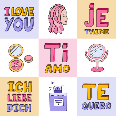 Set of romantic vector illustrations on Valentine's day. I love you in different languages. Bold, trendy lettering in bright colors. retro style. color doodle. Romantic gifts for the girl, woman.のイラスト素材