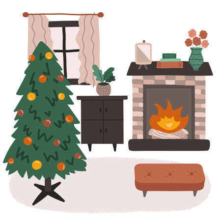 Living room interior in boho style. Lounge with carpet, dresser, fireplace, decorated christmas tree. Cartoon hand drawn illustration. Retro home with furniture. Cozy domestic apartment.のイラスト素材