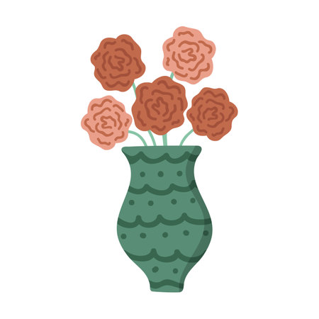 Cartoon vase with flowers. Roses, peonies for living room, bedroom, kitchen interior in boho style. Hand drawn illustration in warm colors. Cozy domestic apartment. Create atmosphere inside of home.のイラスト素材
