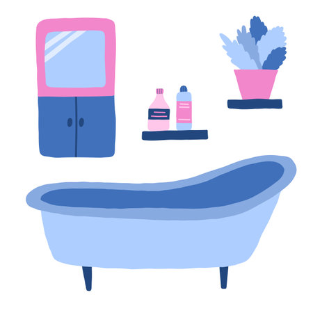 Detailed bathroom interior in cartoon style. Room with furniture: big bath, cabinet with a mirror, shelf, shampoo, shower gel, plant. Vector hand drawn illustration. Cozy domestic apartment inside.のイラスト素材
