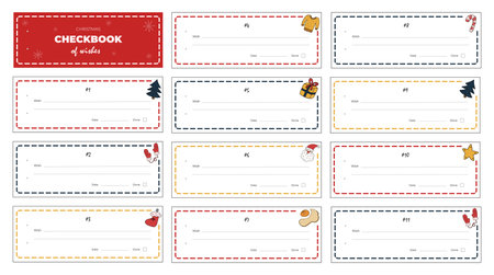 Christmas checkbook of wishes. Blank wish checks in Christmas colors with cute holiday cliparts. Empty checkbook page template. Ready for print. Perfect gift for a child, colleges, family, friends.のイラスト素材