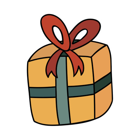 Cute doodle yellow gift box with a green ribbon and red bow for Christmas, birthday or other holiday. Stylized christmas sign. closed present. Vector illustration with hand drawn outline isolated.のイラスト素材