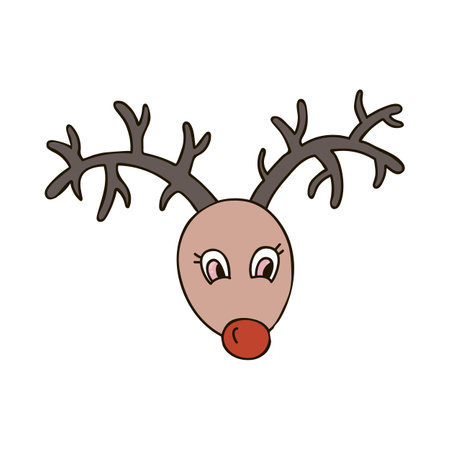 Hand drawn Christmas deer with in doodle style. Santa's helper with red nose. christmas sign. Vector illustration with doodle outline isolated on background. Suitable for paper craft, fabric, sticker.のイラスト素材