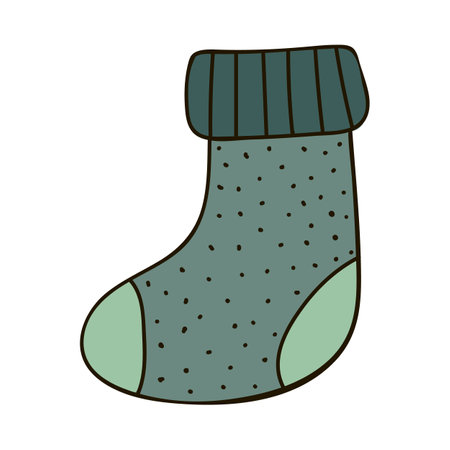 Hand drawn warm knitted sock with cute decor in green colors. Christmas, winter sign, cozy clipart. Vector illustration with hand drawn outline isolated on background. For paper craft, sticker.のイラスト素材