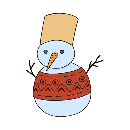 Cute snowman with eyes in a shape of heart, carrot, bucket on the head, knitted sweater with a scandinavian pattern. Christmas sign, cozy clipart. Vector illustration with hand drawn outline isolated.のイラスト素材