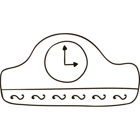 Hand drawn vintage christmas clock for the table. Cozy christmas sign. Vector illustration with hand drawn outline isolated on background. Can be used for paper craft, fabric, sticker, scrap element.のイラスト素材