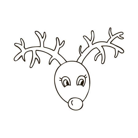 Hand drawn Christmas deer with in doodle style. Santa's helper with red nose. christmas sign. Vector illustration with doodle outline isolated on background. Suitable for paper craft, fabric, sticker.のイラスト素材