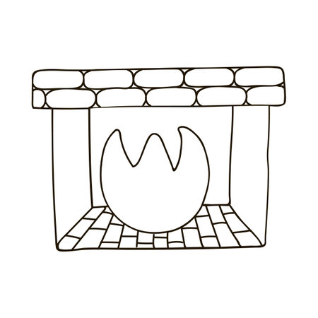 Hand drawn fireplace with fire and bricks for home interior. Christmas and winter sign, clipart in scandinavian style. Vector illustration with doodle outline isolated on background.のイラスト素材