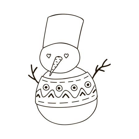 Cute snowman with eyes in a shape of heart, carrot, bucket on the head, knitted sweater with a scandinavian pattern. Christmas sign, cozy clipart. Vector illustration with hand drawn outline isolated.のイラスト素材
