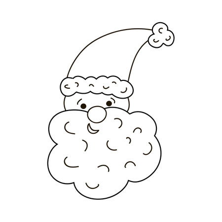 Christmas vector smiling Santa Claus in the hat with a fur, big curly beard. face close up. Christmas sign, cozy clipart. Cute illustration with hand drawn doodle outline isolated on background.のイラスト素材