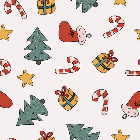 Christmas and New year seamless pattern with Christmas tree, Santa Claus' sock, star, wrapped gift box with a bow, candy cane. Cute hand drawn vector illustrations on the beige background.のイラスト素材
