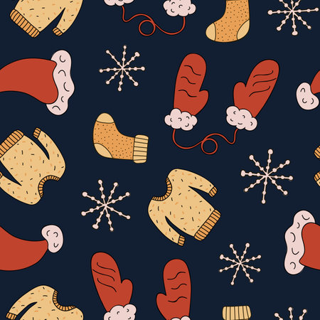 Christmas and New year seamless pattern with Santa Claus' red hat, cozy sweater, snowflake, mittens with a fur, knitted sock. Cute hand drawn vector illustrations with outline on dark background.のイラスト素材