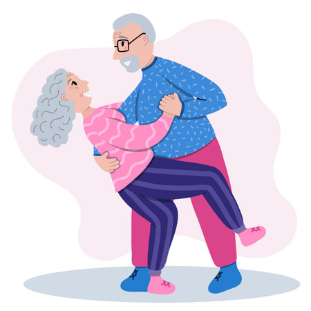 Retired senior couple dancing together in the living room. Old lady and gentleman dancing romantically. Grandpa does dance support, grandma arches back. Stylized vector hand drawn illustration.のイラスト素材