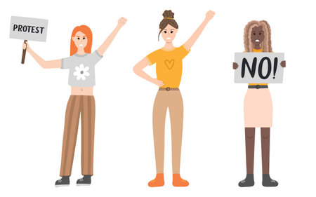 Group of women protest against gender violence. Angry girls in different poses: holding a banner, raising fist up. civil resistance. Hand drawn vector cartoon illustration. female community, equality.のイラスト素材