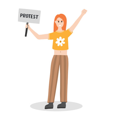 women protests. Angry girl holding a banner and raising fist up. Concept of protest, democracy, rights. civil resistance. Hand drawn vector cartoon illustration. female community. Demonstration.のイラスト素材