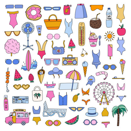 Big summer hand drawn vector summer set, clipart, objects, icons collection (socks, stickers, papers, posters, social media, banners)のイラスト素材