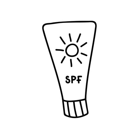 Cute and funny doodle hand drawn vector sunscreen against ultraviolet, with spf, cream, lotion, sprayのイラスト素材