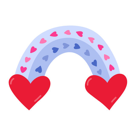 Cute stripy rainbow with hearts in scandinavian style. Hand drawn vector clipart isolated on background. Concept of love, romance. For Valentine's day card, invitations, greeting, sticker, scrapbook.のイラスト素材