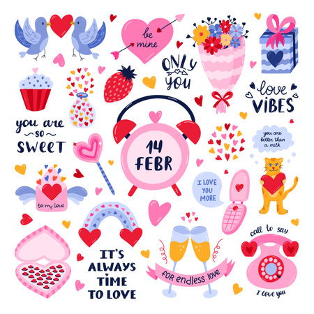 Big clipart and lettering set for St. Valentine's day. Valentine hand drawn isolated vector. Holiday, love, romance concept. Love letter, bird, gift, sweet, champagne, phone, rainbow, clock, flower.のイラスト素材