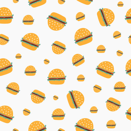 Cute, colorful vector seamless hand drawn pattern with hamburgers in different sizes. Can be used for, wrapping paper, bedclothes, notebook, packages, gift paper, fast food menu, restaurant packaging.のイラスト素材