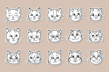 Set of stickers with cute cat faces for planner, notebook. Ready for print list of trendy stickers. Beautiful kitten with different emotions. sad cat. smiley face. Funny isolated vector illustrationのイラスト素材