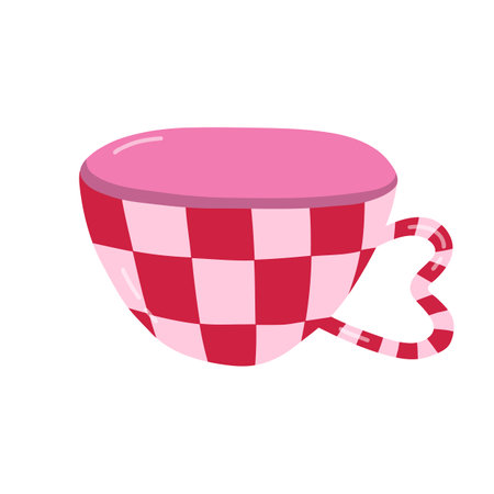 Cute hand drawn handmade ceramic mug with trendy geometric pattern and handle in the shape of heart. Tea cup and coffee mug for kitchen. Clipart of morning crockery, cartoon cup porcelain tableware.のイラスト素材