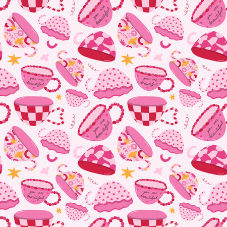 Cute and colorful vector seamless pattern with handmade ceramic mugs with colorful patterns. Can be used for wrapping paper, bedclothes, notebook, packages, gift paper. Hand drawn clipart.のイラスト素材