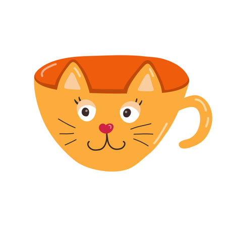 Cute hand drawn handmade ceramic mug in the shape of cat. Tea cup and coffee mug for scandinavian kitchen. Colorful vector clipart of morning crockery, cartoon cup porcelain tableware.のイラスト素材
