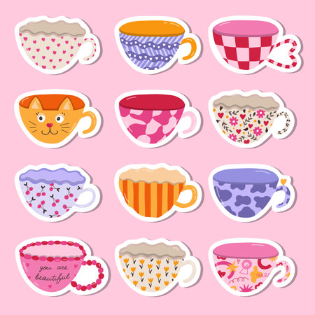 Big set of stickers with trendy ceramic mugs in the style of 90s. Hand drawn vector doodle illustrations. Different tea cup, coffee mug for scandinavian kitchen, cartoon cup porcelain tableware.のイラスト素材