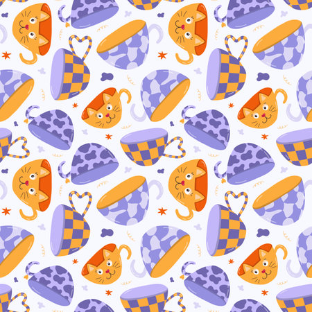 Cute and colorful vector seamless pattern with handmade ceramic mugs with colorful patterns. Can be used for wrapping paper, bedclothes, notebook, packages, gift paper. Hand drawn clipart.のイラスト素材