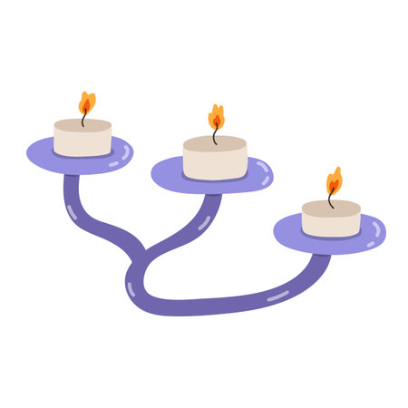 Cute handmade ceramic candlestick with burning candle.. Trendy craft candle holder in the style of 70s with colorful and trendy patterns. Scandinavian home decorations. hand drawn clipart.のイラスト素材