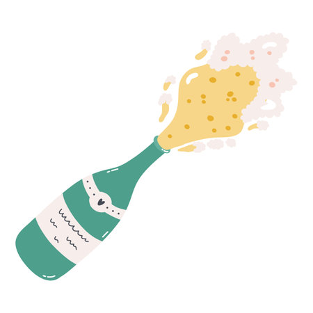 Cute hand drawn champagne bottle explosion. Concept of holiday, celebration, toast. Trendy and colorful vector clipart in naive style. Open bottle with pop-up cork and splashes.のイラスト素材
