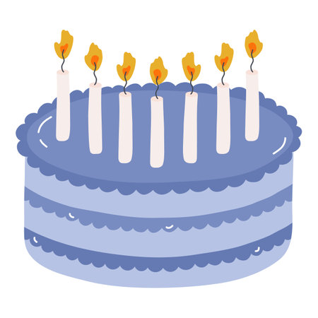 Cute birthday cake with burning candles. Dessert for celebration, anniversary, wedding. Stylized vector illustration of holiday cupcake. Trendy hand drawn clipart in the scandinavian style.のイラスト素材