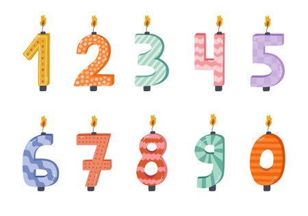 Cute set with birthday number candles from 0 to 9 with burning flames in scandinavian style. Decoration for holiday cake for celebration anniversary, birthday, wedding. Stylized hand drawn clipart.のイラスト素材