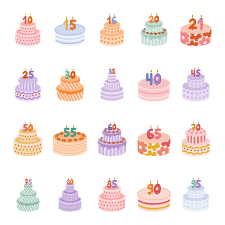 Set of birthday cake with burning candles in the form of numbers. Dessert for celebration each year of birth, anniversary. Stylized hand drawn clipart of holiday cupcake in the scandinavian style.のイラスト素材