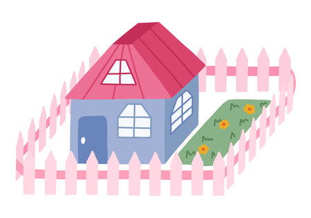 Cute hand drawn country house with door, window, attic. Cozy village cottage with fence, flowers for kid's bedroom or nursery design. Exterior of home, village buildings, country side home landscape.のイラスト素材