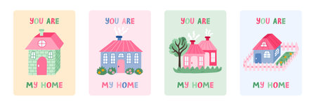 Set of postcard for Happy Birthday, Christmas, Valentine's Day. Trendy and minimalistic posters with lettering and hand drawn cute little country house. Greeting card template for holiday.のイラスト素材