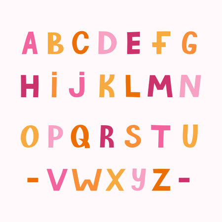 Cute playful font in childish naive style. Fidgety bold alphabet with uppercase letters for festival headline, greeting card, poster design. Trendy Latin ABC for book cover, printed quotes, logotype.のイラスト素材
