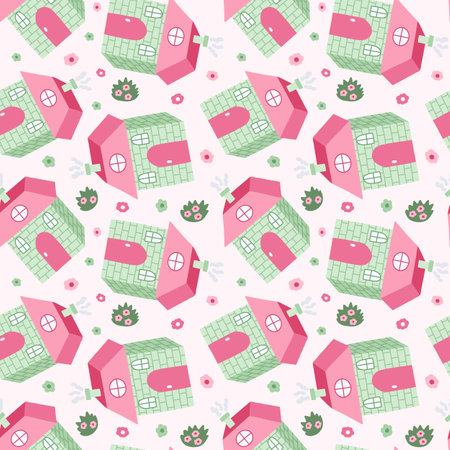 Cute simple seamless pattern with country house in the town. Endless backdrop with scandinavian home can be used for wrapping paper, background, fabric, scrapbook. Hand drawn vector colorful doodle.のイラスト素材