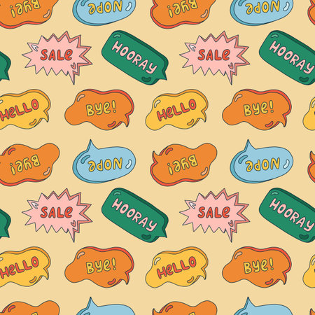 Cute seamless pattern with speech bubbles with short messages. Backdrop with doodle chat clouds with handwritten talk phrases in different shapes. Background for teen design template in groovy style.のイラスト素材