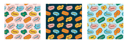 Set of cute seamless pattern with speech bubble with short messages. Backdrop with doodle chat...