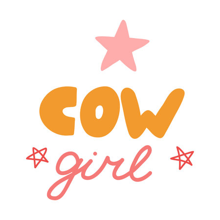 Handwritten cowgirl lettering with stars. Aesthetic and funny pink lettering in western, wild west theme. Hand drawn vector design for poster, t-shirt print, retro cowboy and cowgirl party, postcard.のイラスト素材