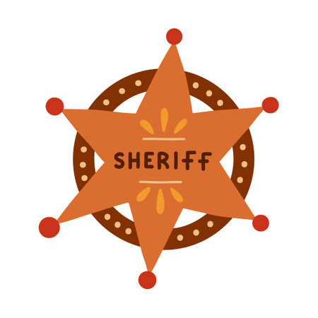 Hand drawn sheriff badge in the star shape in cartoon cute style. Hexagonal emblem of western police, sign of law, security and justice. Wild West and cowboy symbol with shields isolated on background.のイラスト素材