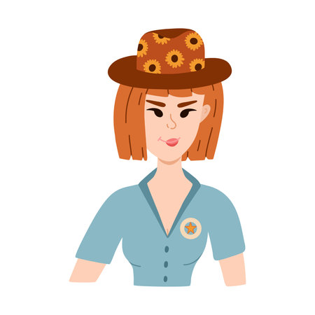 Hand drawn stylish young cowgirl wearing hat with sunflower pattern, sheriff badge. Cute cow girl portrait of Wild west theme. Vector western female character for print design, poster, cowboy partyのイラスト素材