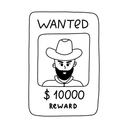 Doodle of wanted poster with cowboy with hand drawn outline. Simple doodle of vintage western banner with reward. Outlaw wanted dead or alive poster. Sign of Wild West, America Texas, cowboy.のイラスト素材