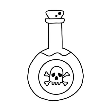 Simple hand drawn poison bottle with skull and bones mark on the label. Cute doodle with outline of toxic, dangerous chemical liquid. Alchemy or magician beverage elixir in the flask or jarのイラスト素材