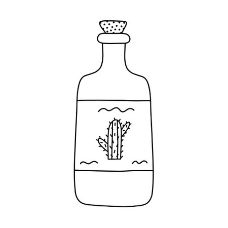 Simple hand drawn doodle with outline of tequila bottle with cactus label. Traditional Mexican alcohol drink icon in style. Party drinks and spirits clipart isolated on white backgroundのイラスト素材