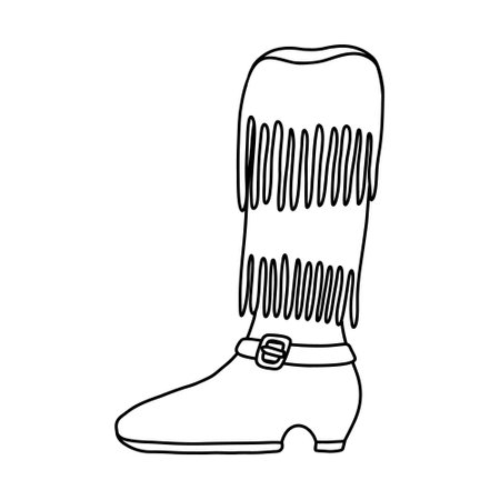 Hand drawn doodle with outline of retro cowboy boots with traditional fringe, belt. Vector cowgirl and cowboy boots in western style. Funny shoes of Wild West with ornament for poster, t-shirt print.のイラスト素材