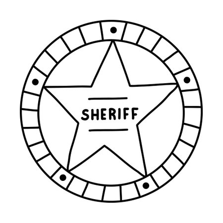 Sheriff badge doodle in the star shape with hand drawn outline. Cute emblem of western police, sign of law, security and justice. Wild West and cowboy symbol with shields isolated on backgroundのイラスト素材